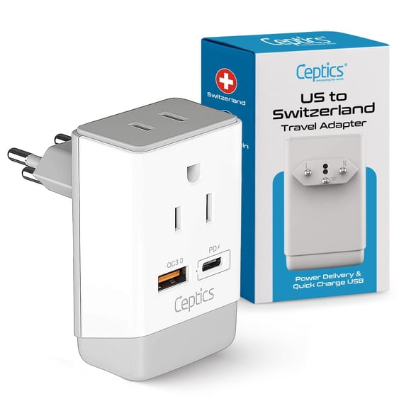 Adaptador de enchufe Ceptics Switzerland tipo J AP-11A con QC 3.0 y PD