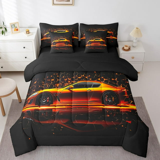 YST Kids Racing Car Comforter Set With Sheets For Boys Queen Neon Honeycomb Race Car Bedding Set Extreme Sports Games 7 Piece Bed In A Bag Geometric Beehive Sports Car Bed Set Gold Orange