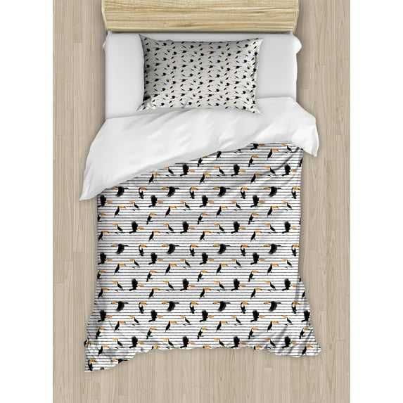 Tropical Duvet Cover Set Twin Size, Exotic Toucan Birds Pattern Horizontal Stripes Background Summer Season, Decorative 2 Piece Bedding Set with 1 Pillow Sham, Peach Black Orange, by Ambesonne