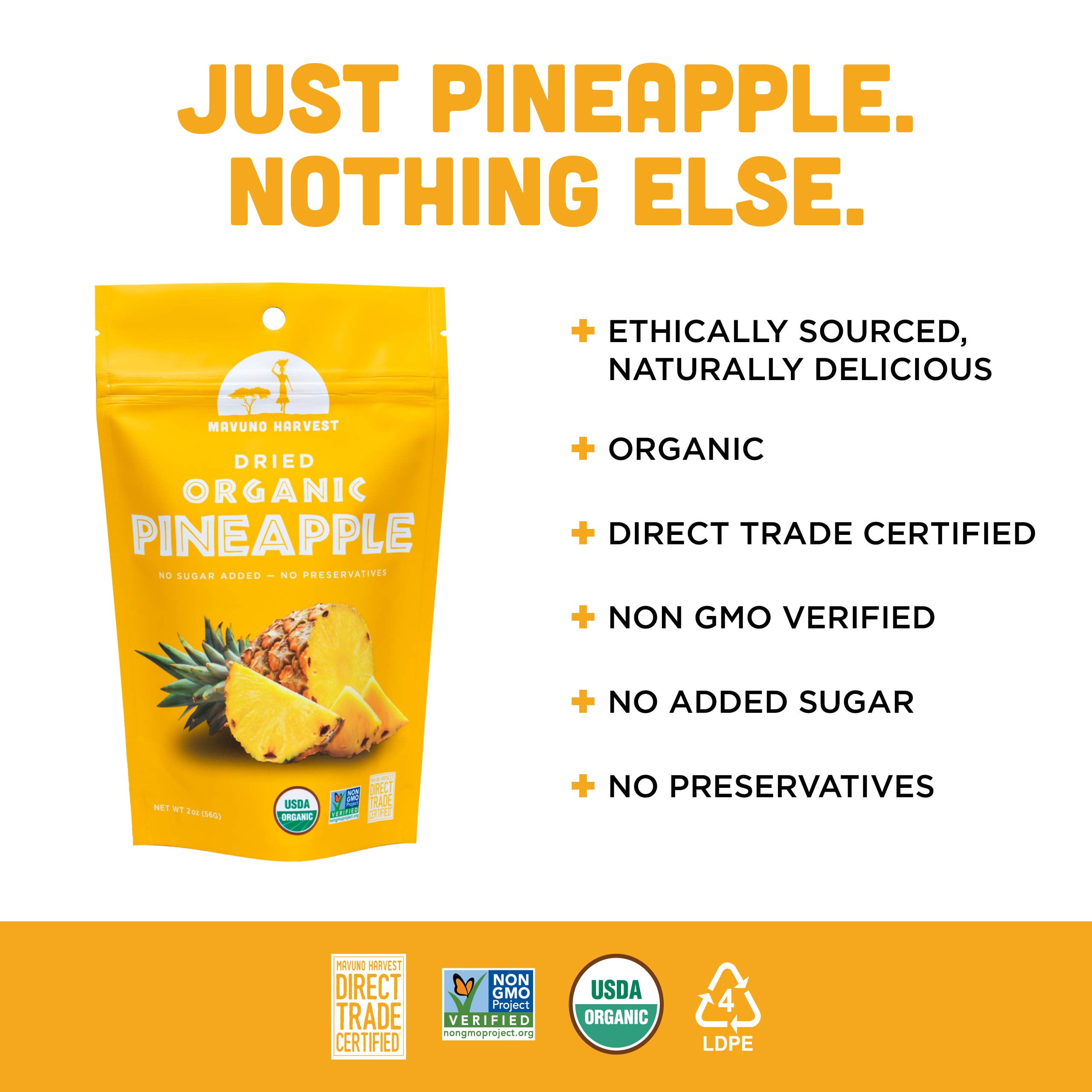 Mavuno Harvest Direct Trade Organic Dried Fruit, Pineapple, 2 Ounce, Pack of 6