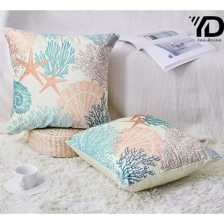 Coastal Coral Pillow Covers Set of 2 Decorative Beach Ocean Themed Pillow  Cases Velvet Square Couch Cushion Cover for Sofa Bed Living Room Cozy Home