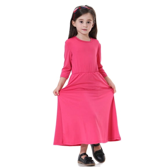 Huowey Girls Elegant Dresses 3/4 Sleeve Round Neck Maxi Dress For Teen Girls High Waist Casual Party Wear Comfortable Dailywear,Pink,3-4 Years