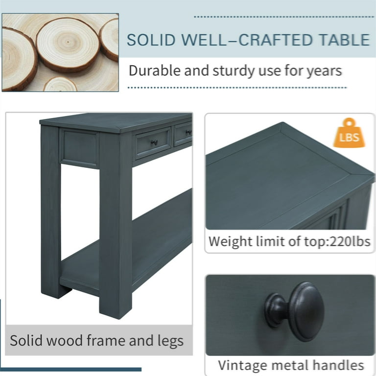 Mid-Century Modern Entryway Console Table With 3 Drawers & Open Shelves - Farmhouse Wood Hallway Table For Living Room, Bedroom (Navy Blue)