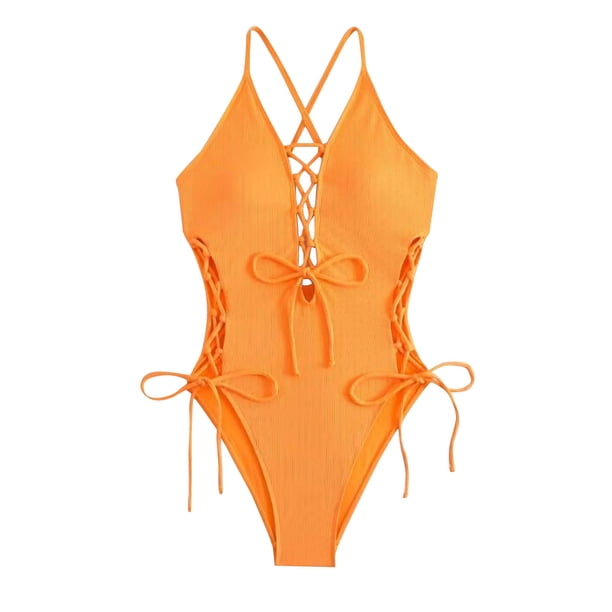 Trajes de baño de una pieza para mujer, bikinis sin espalda con tirantes ajustables a la moda de color sólido para mujer, traje de baño para mujer