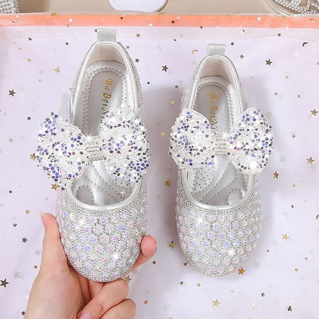 

NIUREDLTD Toddler Kids Grils Dress Shoes Children Shoes Spring Fall Rhinestone Soft Bottom Baby Shoes Bowknot Small Leather Shoes Princess Shoes Silver 34
