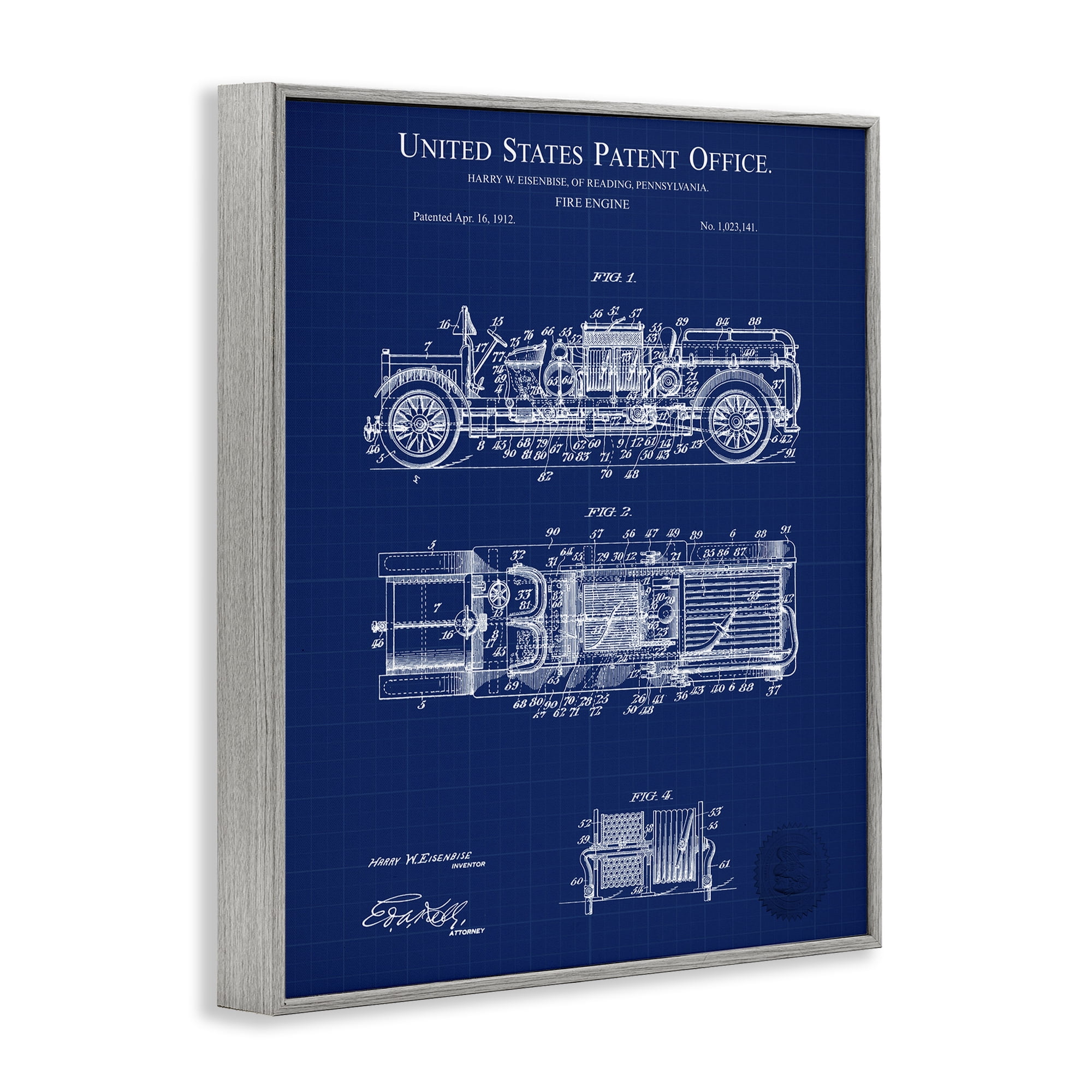 Stupell Industries Fire Engine Blueprint Transportation Painting Gray Framed Art Print Wall Art, 16 x 20