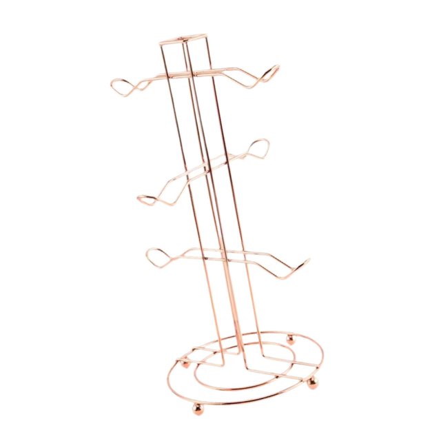 soporte para de tazas, soporte para colgar tazas, ganchos para tazas de almacenamiento, soporte de exhibición, soporte para tazas de café con 6 soporte para tazas Gloria color Oro, vista frontal 3/4 de un árbol de hierro con base circular y seis ganchos escalonados en diseño escalonado, acabado metálico dorado, medidas 19.5 x 19.5 x 34 cm, pensado para colgar y exhibir tazas, vasos o botellas y ahorrar espacio en la encimera; también suele usarse para colgar llaveros o accesorios pequeños.