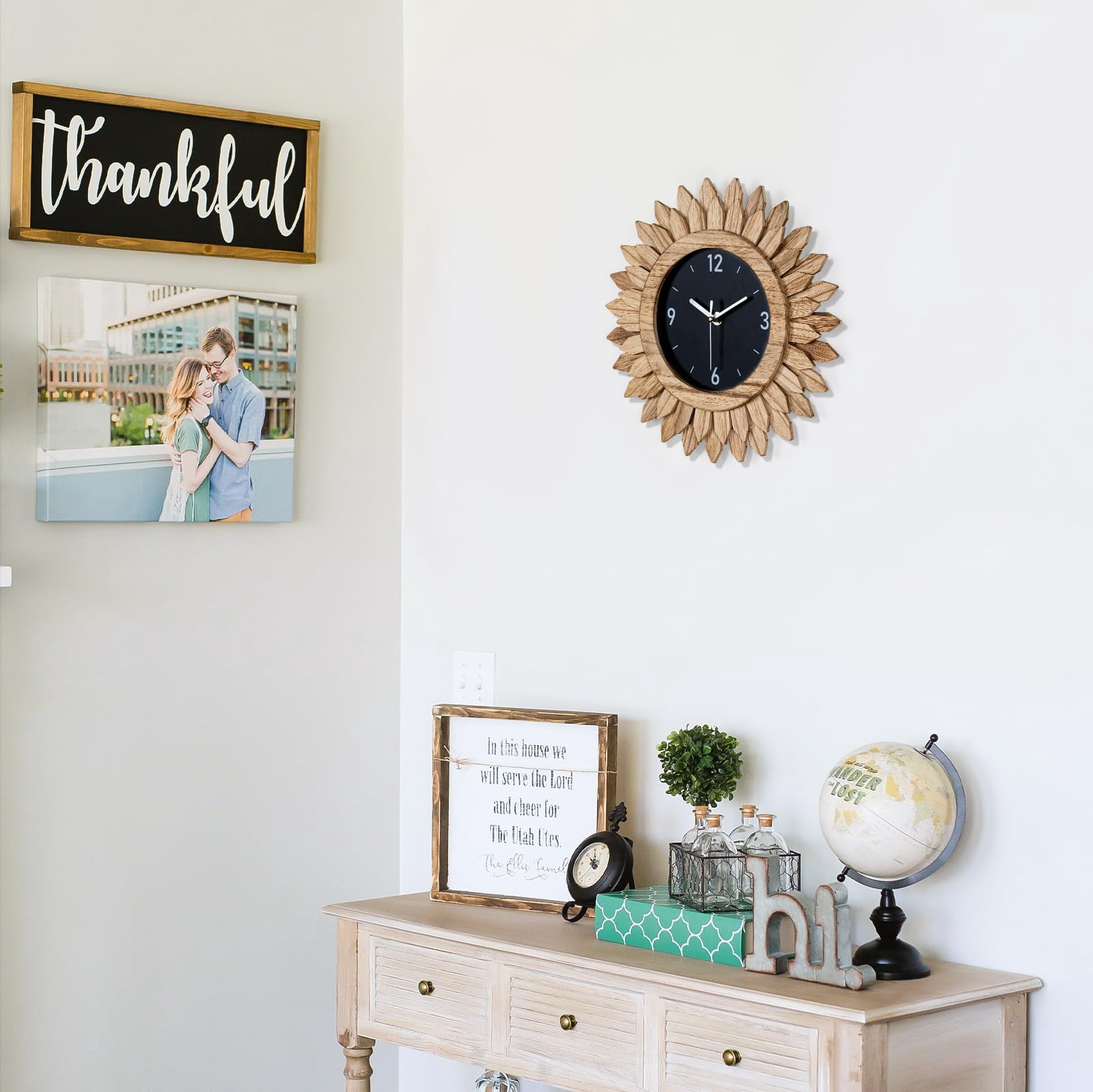12 In Rustic Wood Boho Sunburst Decorative Wall Clock Silent Non Ticking Farmhouse Small Wall Clocks for Living Room Kitchen Bedroom Decor (Rustic Brown)