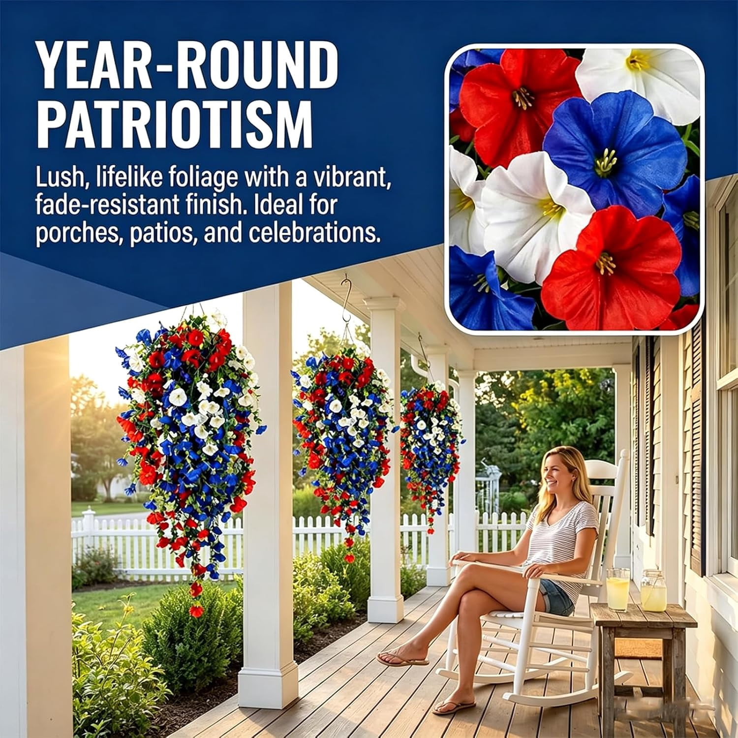 4th of July Decoration Tricolor Patriotic Artificial Flower, Fake Flowers Vine Decor for Patriotic Porch Outdoor