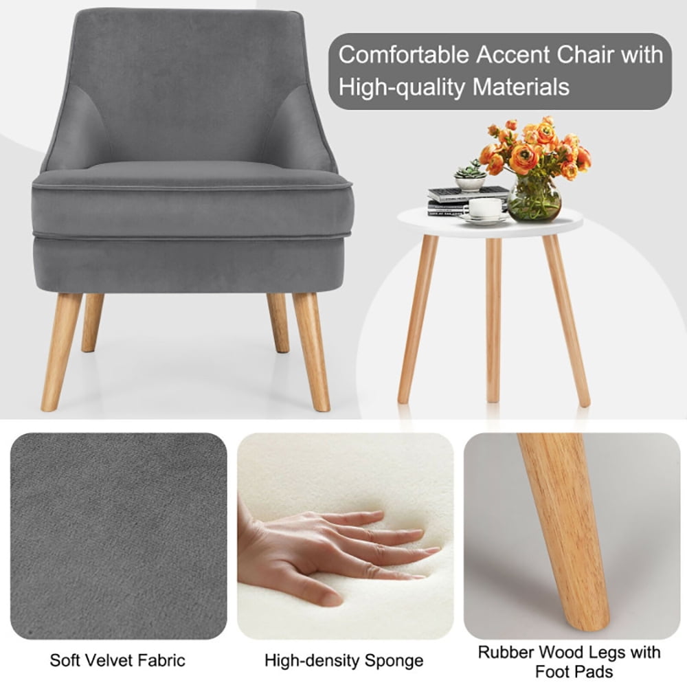Finihen Velvet Accent Chair, Mid Century Velvet Accent Chair with Rubber Wood Legs, Thickly Padded, for Living Room, Bedroom, Gray