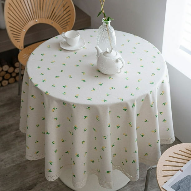 Mantel redondo con estampado limón 150cm/59" - Funda floral de mesa con borde de encaje de poliéster blanco para comedor y decoración