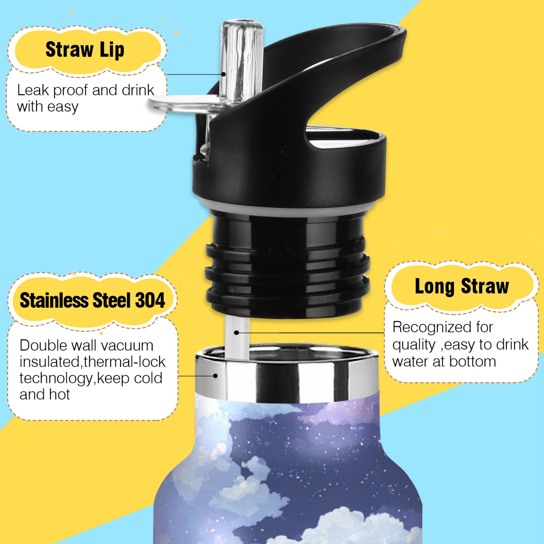 600ML Stainless Steel Insulated Cup Sports Water Bottle Portable Thermos Cup Water Glasses Insulated Tumblers Convenient and Durable Purple Sky