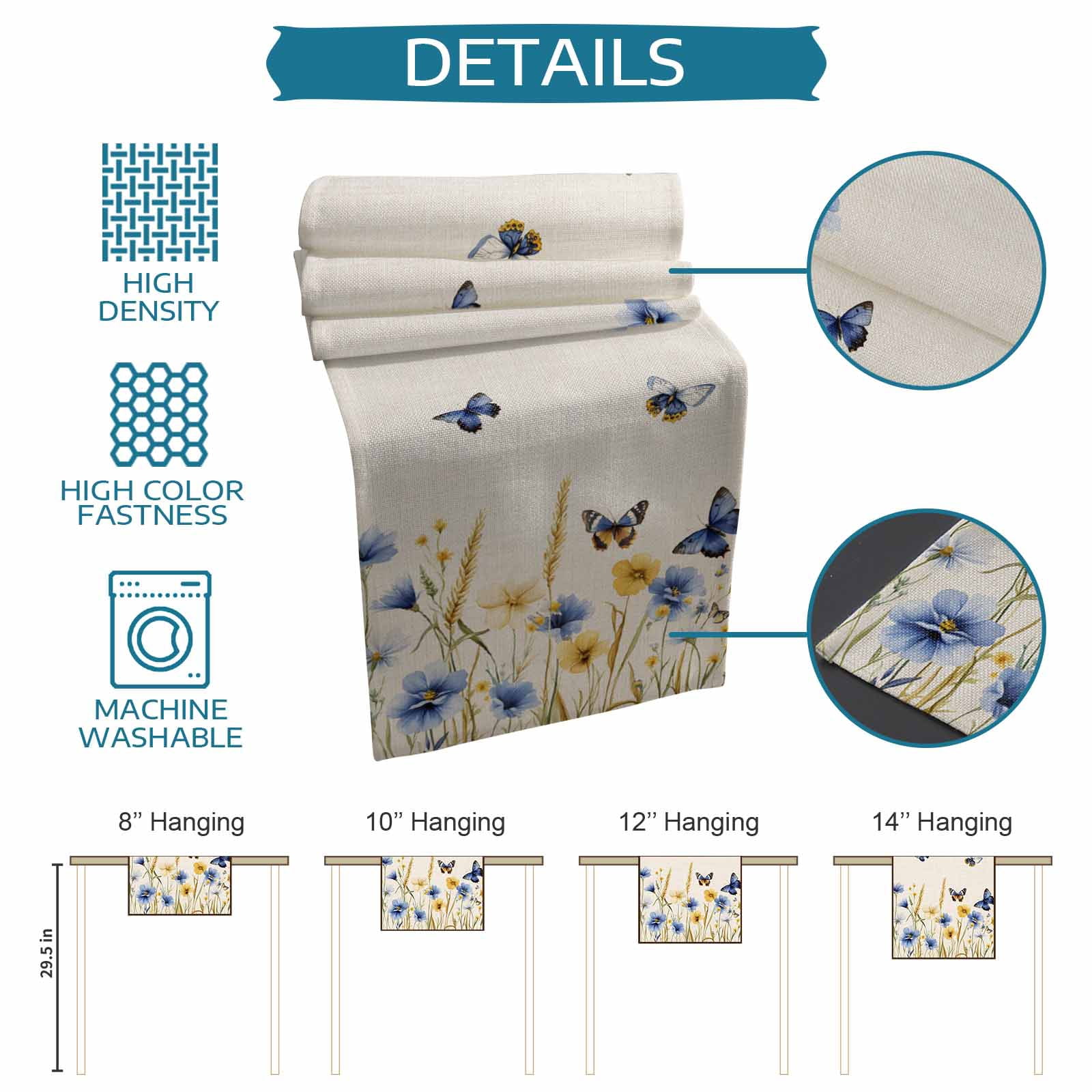 nqOlkjepod Blue Floral Table Runner 60 Inches Long Farmhouse Dress Scarves, Yellow Flower Butterflies Country Plant Dining Tablerunner for Coffee Table/Kitchen Island/Party Décor, 13" x 60"