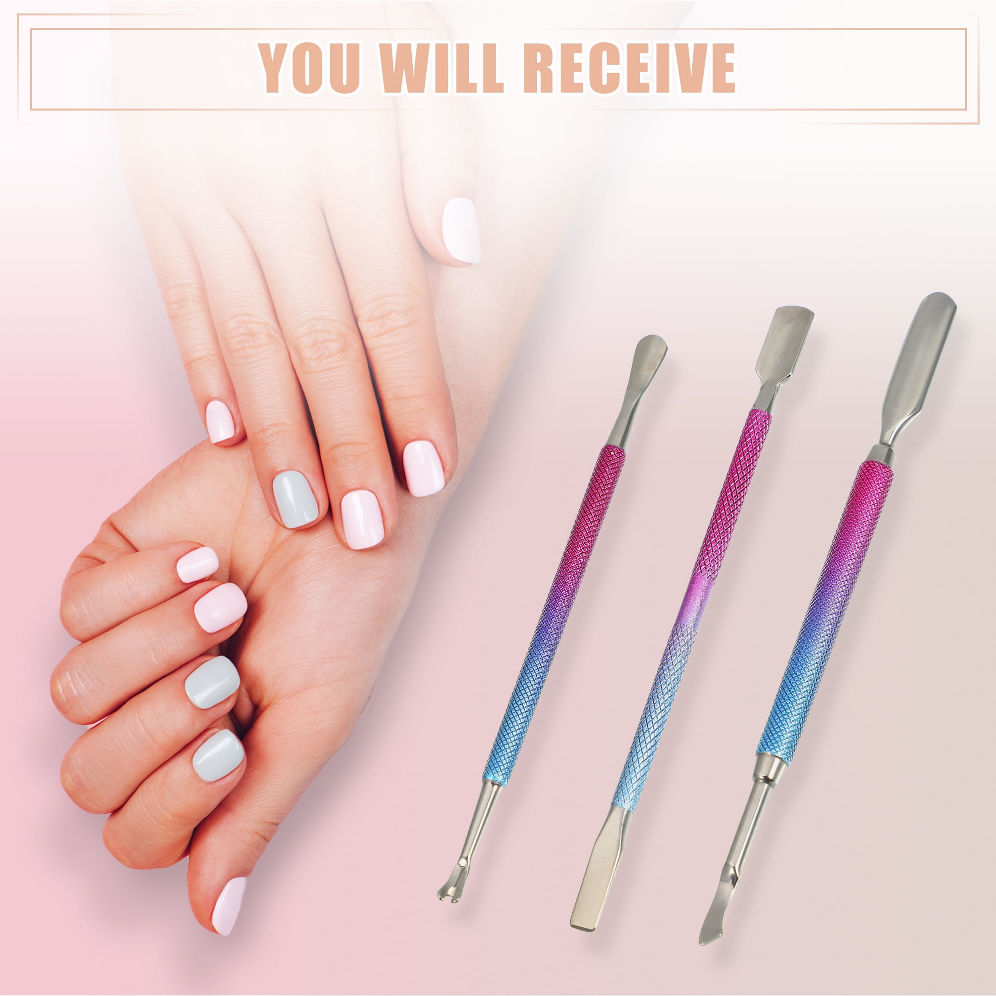 Unique Bargains 3 Pcs Cuticle Pusher Set Stainless Steel Double Head Tool for Nails