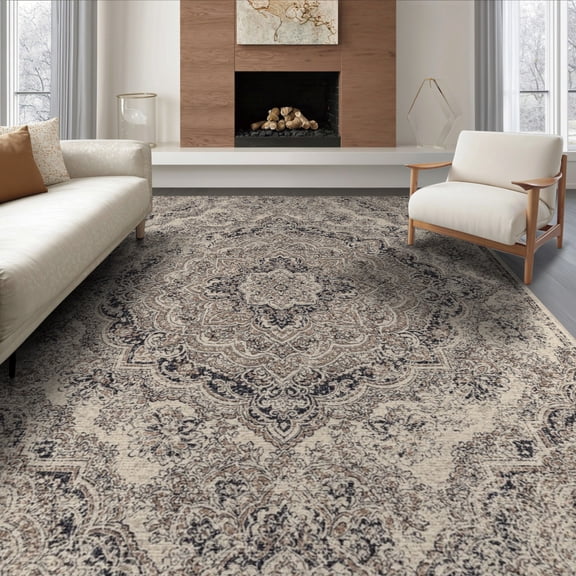ODIKA 8'x10' Washable Area Rug Non-Shedding, Easy Care, Dining Boho Table Faded Ornate Framing Navy Burgundy Bohemian for King Size Bedroom Under Bed, Master Suite