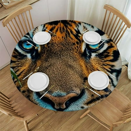 

Palnkart Tiger Blue Eyes Flower Round Table Cover Stain Resistant Washable Perfect for Indoor Outdoor Kitchen Dining Wedding Parties Elastic Edge 100% Polyester Fiber 46-50