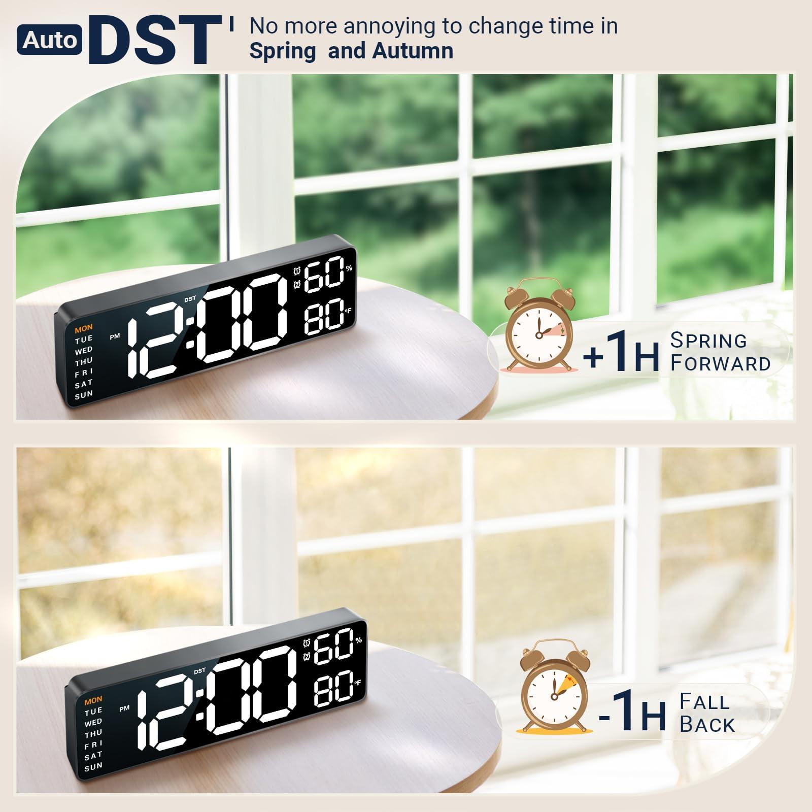 10" Digital Wall Mount Clock: Dual Alarm Wall Mount Decor Clock for Living Room Classroom Office Desk, House Warming Gifts New Home Decor, White