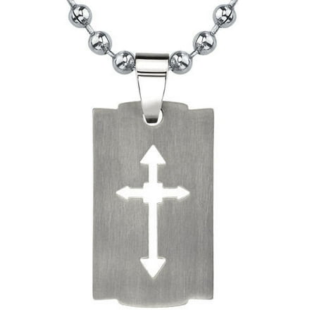 Oravo Strong Faith Titanium Brushed Finish Cut-out Arrow Cross Razor Bladed Design Dog Tag Pendant on a Steel Ball Chain