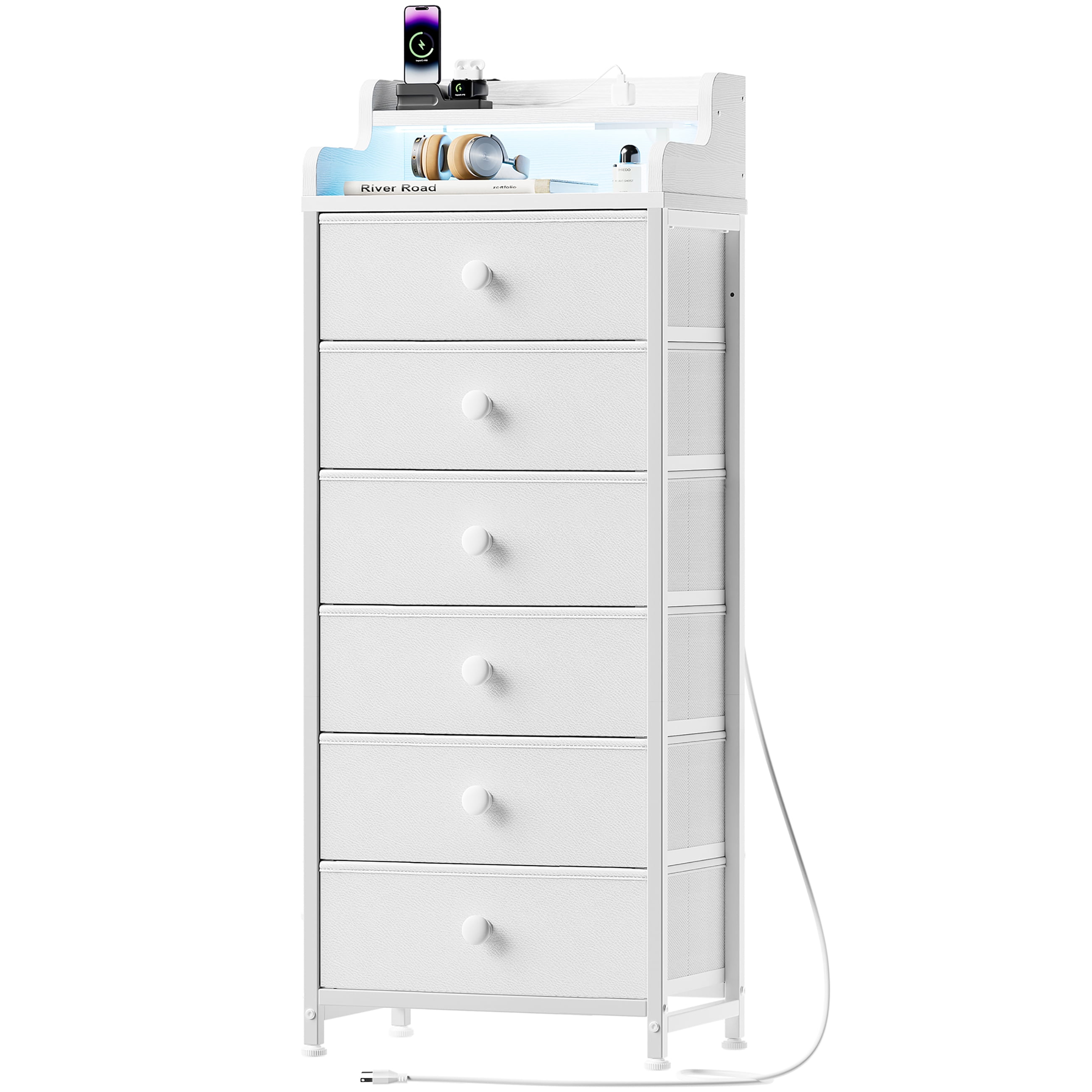 GUNAITO Tall Led Dresser for Bedroom with 6 Drawers Chest of Drawers Fabric Storage Bin White