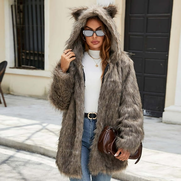 Up to EGNMCR Women's Faux Fur Jacket Winter Hooded Coats Fleece Long Sleeve Pockets Warm Outerwear Fall Clothes Fall Winter