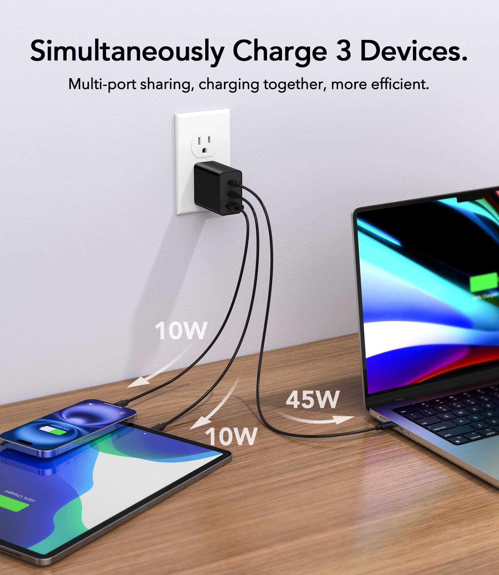 TAOHAI 65W 3-Port USB C Fast Charger Block with 6.6ft Cable - PD GaN Tech for iPhone 16, MacBook, Samsung Galaxy, iPad