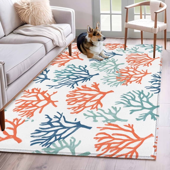 Coastal Coral Area Rug 3x5 FT, Non Slip Entryway Bedside Carpet, Orange Green Blue Multicolored Rainbow Washable Soft Floor Carpet Indoor Mat Non-Shedding Throw Rugs for Dorm Kitchen Home Office