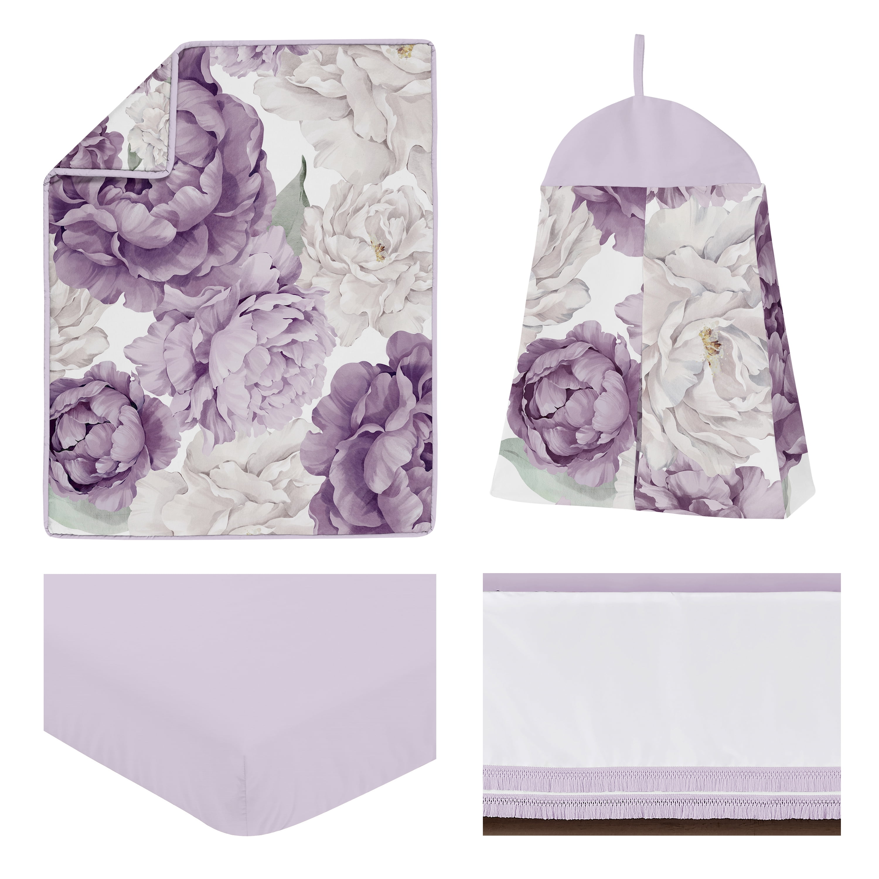 Sweet Jojo Designs Peony Floral Garden Purple Ivory 4 Piece Crib Bedding Set