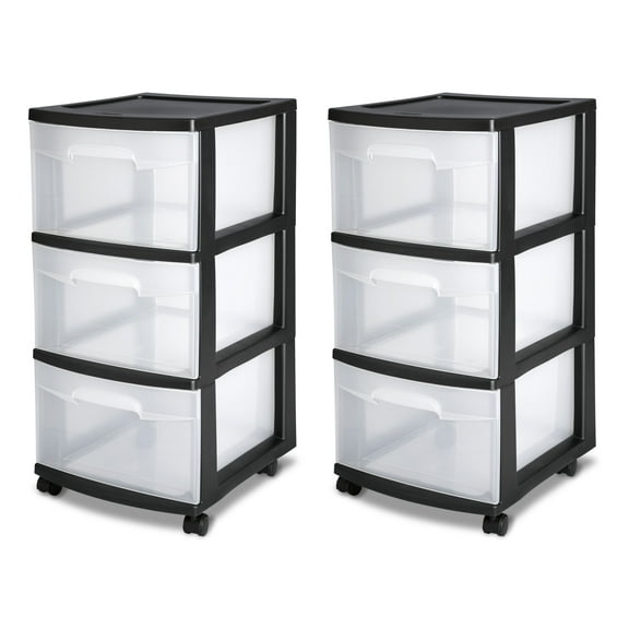 Sterilite 3 Drawer Cart Plastic, Black, Set of 2