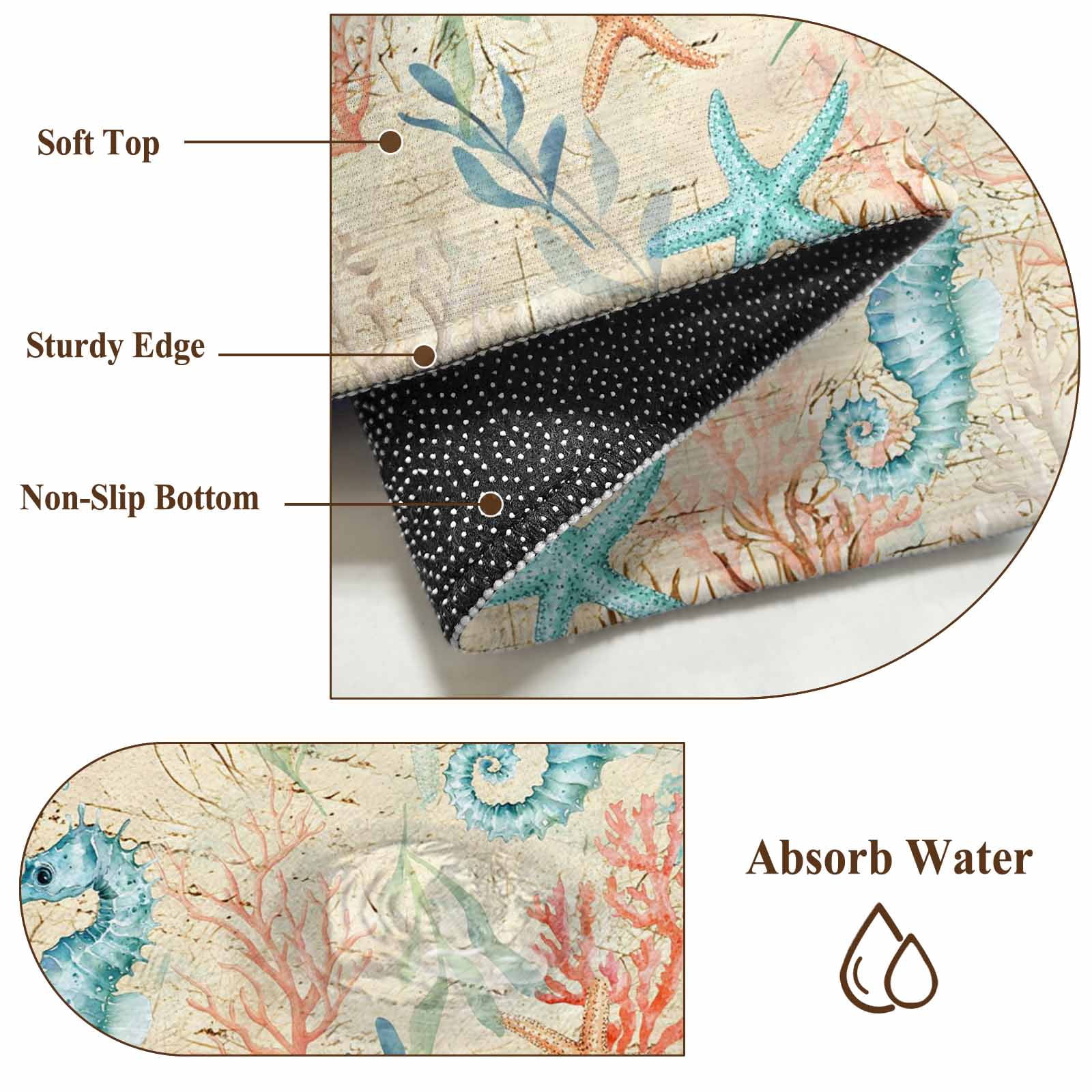 Area Rugs for Living Room Bedroom, Teal Red Coastal 4'x6' Rug Washable Carpet Runner Indoor Outdoor, Nautical Seahorse Beach Coral Starfish Beige Non Slip Accent Floor Mats Rug for Kitchen, Office