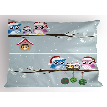 Birds Nest In Christmas Tree Christmas Pillow Sham Owl Family with Santa Hats on Tree Branch with Babies in Nest Birds Snowy Winter Print, Decorative Standard Queen Size Printed Pillowcase, 30 X 20 Inches, Grey, by Ambesonne ()
