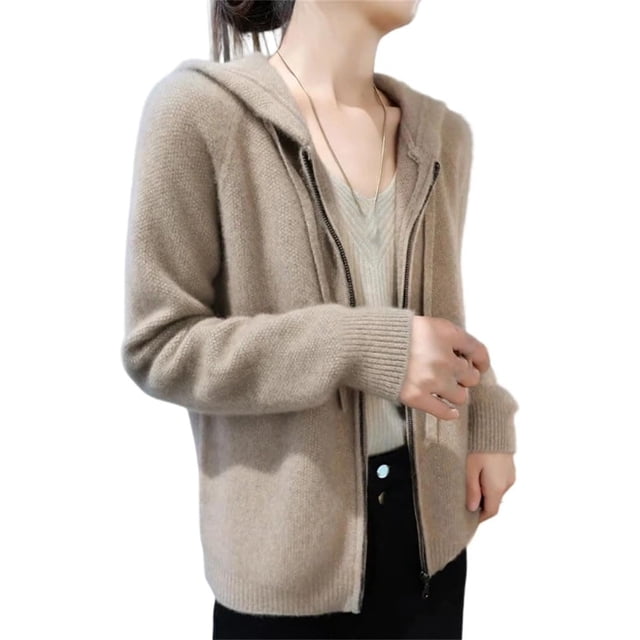Women's 100% Merino Wool Sweater with Hood, Collar and Zipper, Long Sleeve Cardigan, Chunky Cashmere Knit