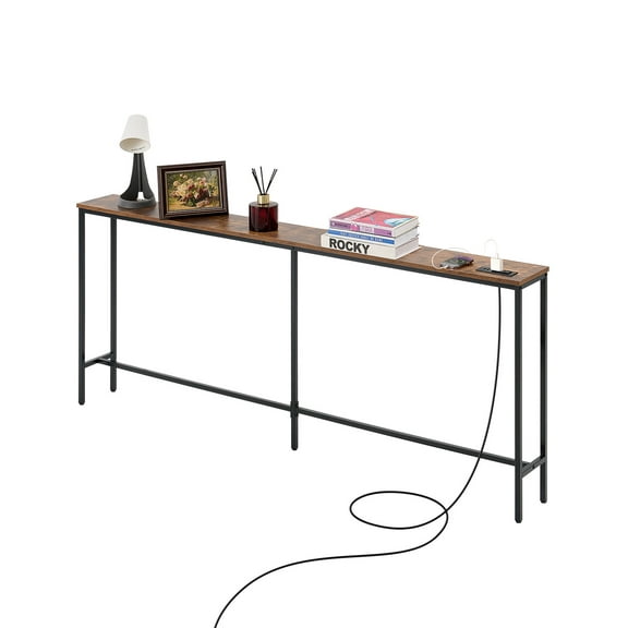 KFFKFF Slim Hallway Console Table, 70.9” Power Outlet Incorporated Couch Table, Single-Tier Extended Entryway Table, Slimline Sofa Table with Metallic Structure and Charging Dock, Ideal for Foyer