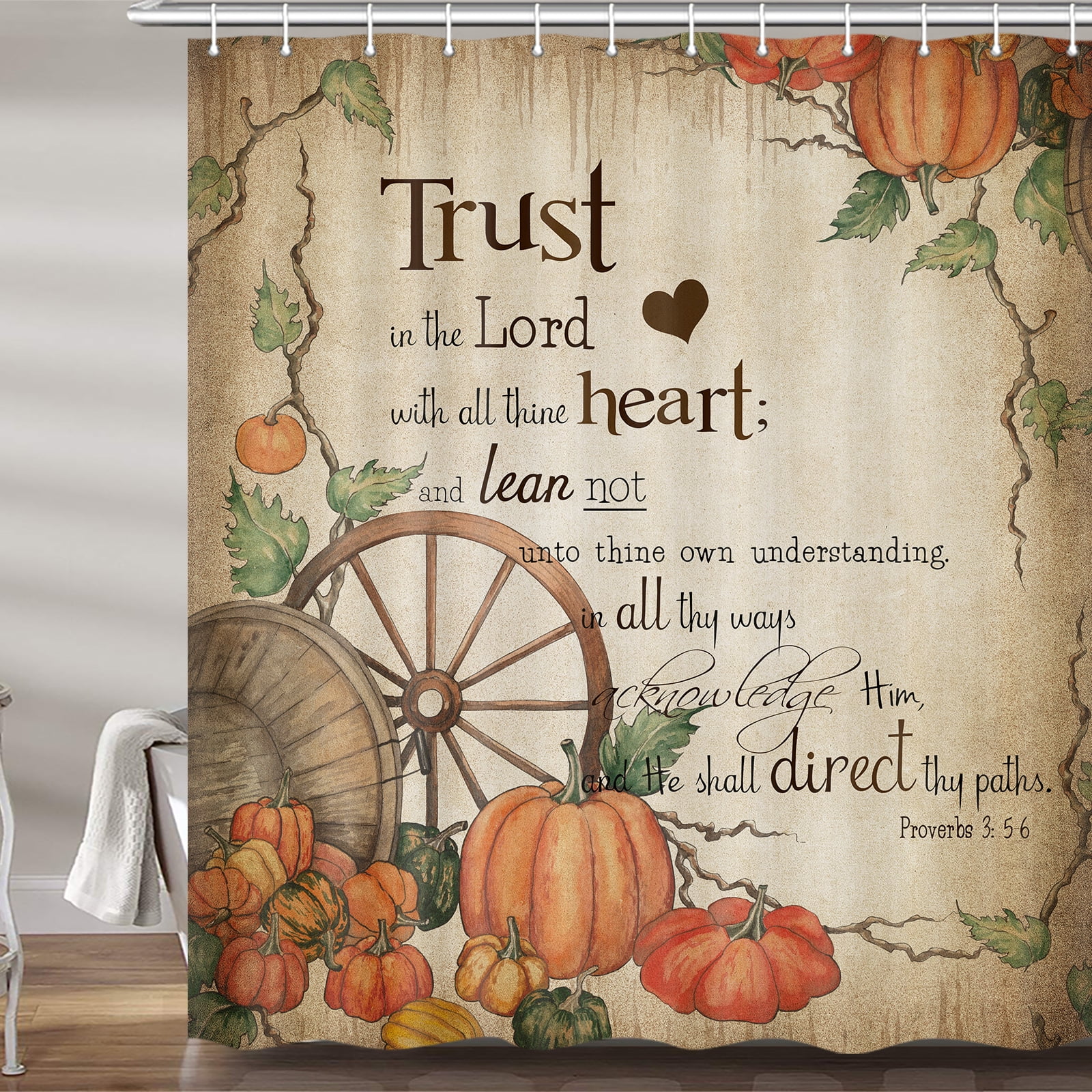Cute Fall Quotes Shower Curtain, Farmhouse Pumpkin Retro Autumn Thanksgiving Harvest Fabric Shower Curtains Set for Bathroom, Inspirational Rustic Restroom Decor Accessories with Hooks 72X 72 Inch