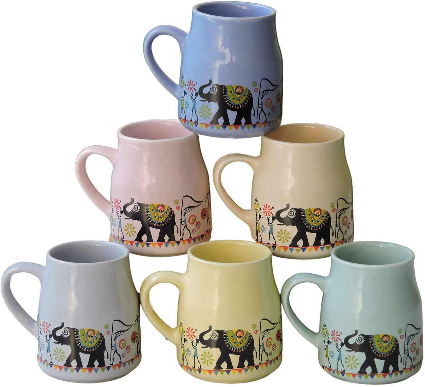 HealthGoodsIn Set of 6 Multicolor Ceramic Wide Base Tea, Coffee, Milk