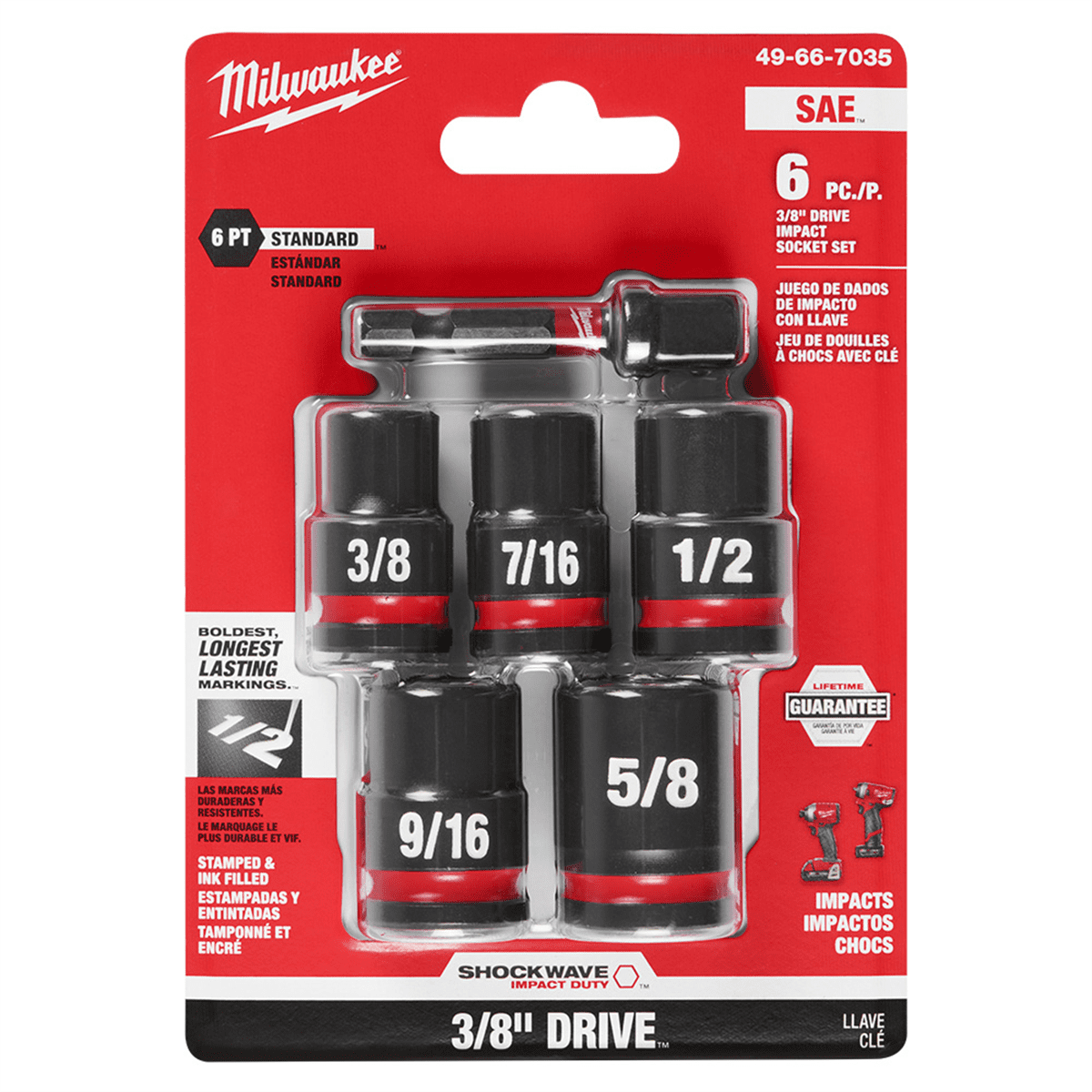 Milwaukee Tool 6PC SHOCKWAVE Impact Duty 3/8" Drive SAE Standard Socket Set
