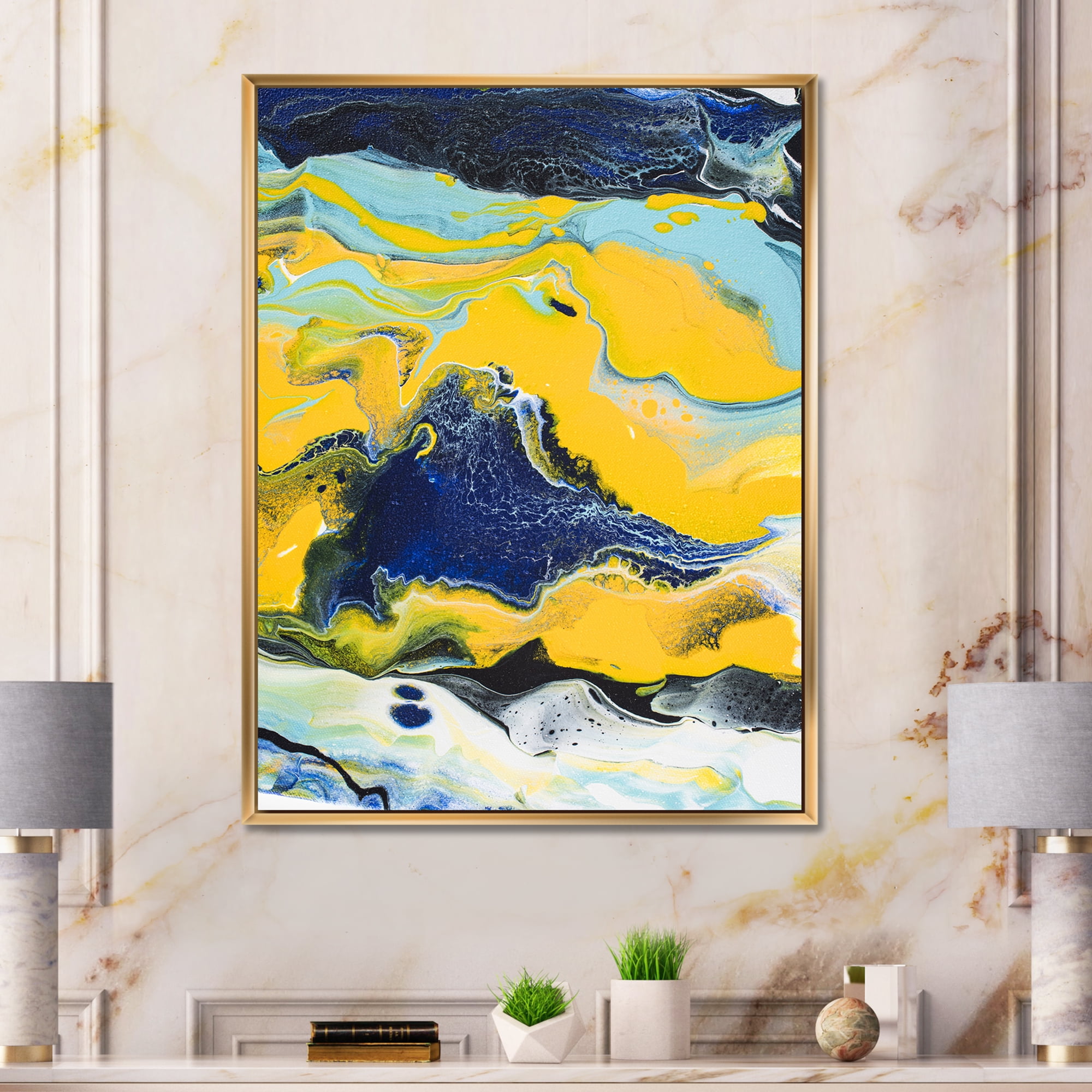 Designart 'Abstract Marble Composition In Blue and Yellow I' Modern Framed Canvas Wall Art Print