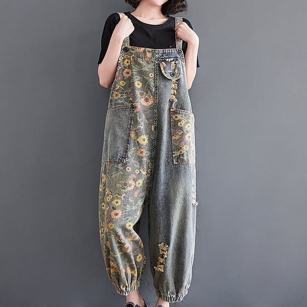 Ichuanyi Liquidación de jobogán para mujeres Pantalones de mermelada de bolsillo Botón de bolsillo suelto Pantalones de mono de mezclilla Pantalones ICHUANYI WER2023082206160