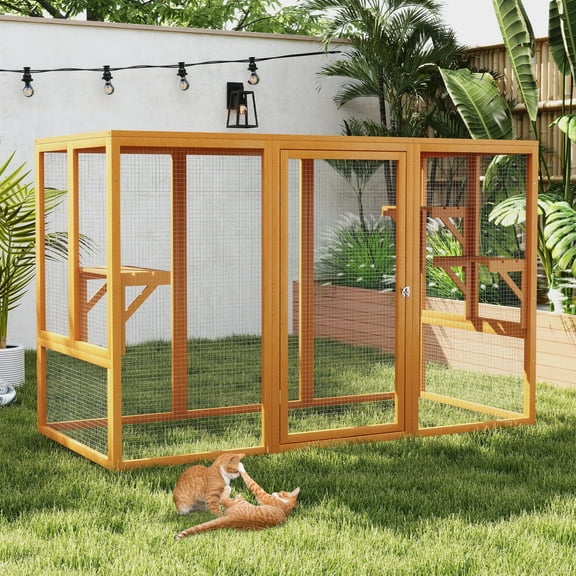 COZIWOW Outdoor Cat House, Wood Cat Catio with Platforms, Lockable Enter Door, Sunshine Panel, Cat Patio Cage Enclosure for Backyard Garden, Orange