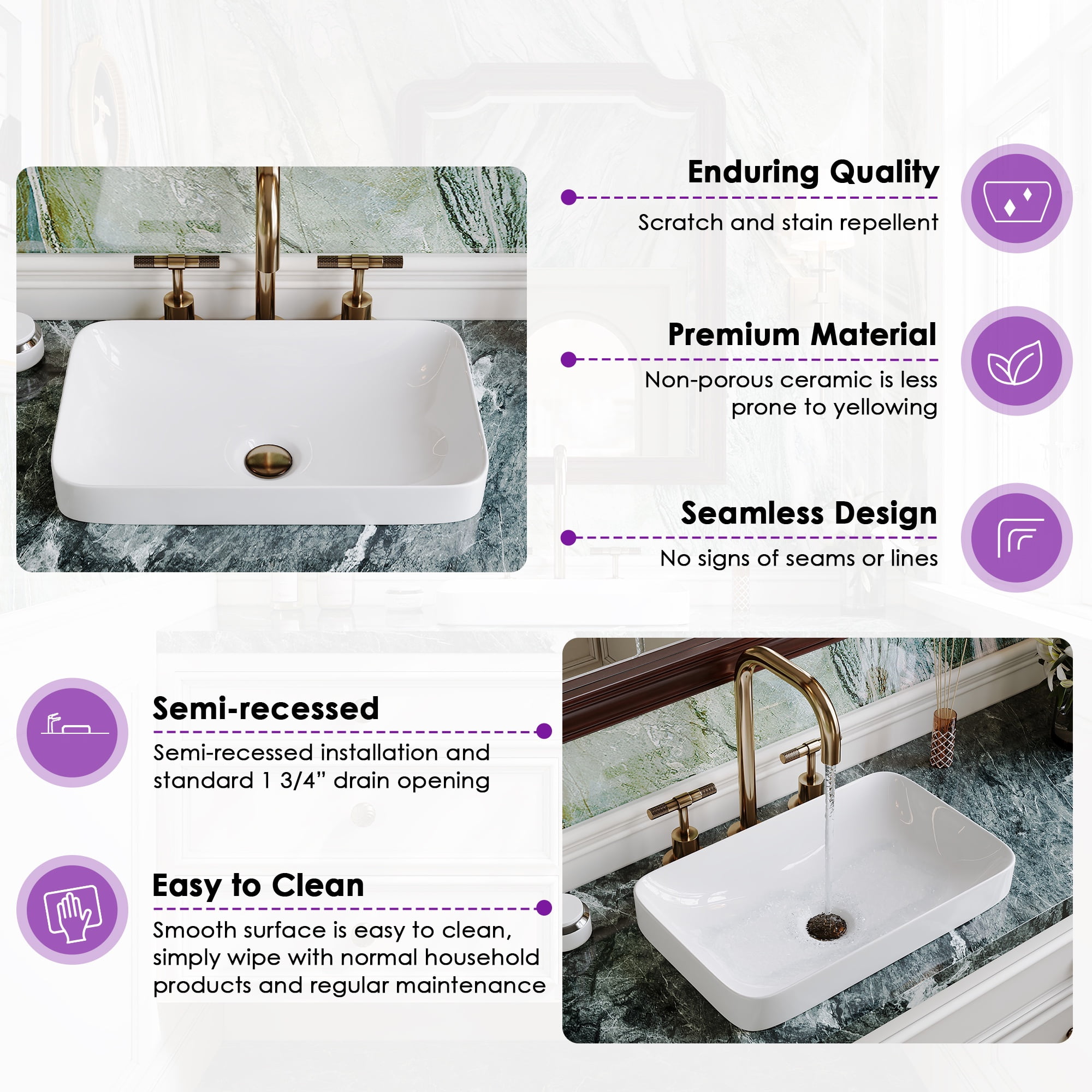 DV-1V0047 DeerValley Ally 19'' x 12'' Drop-In Bathroom Sink Semi-Recessed Vessel Sink Rectangular Above Counter Basin