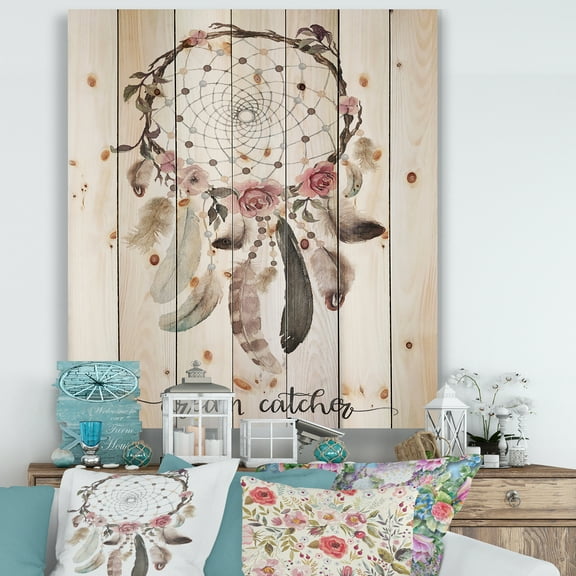Designart 'Dream Catcher Made With Ethnic Feathers' Bohemian & Eclectic Print on Natural Pine Wood