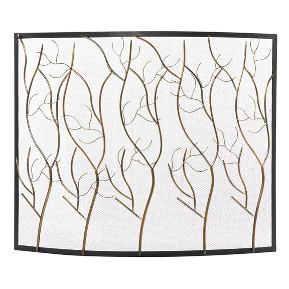 DecMode 39" x 33" Brass Metal Branch Single Panel Tree Fireplace Screen with Mesh Netting, 1-Piece