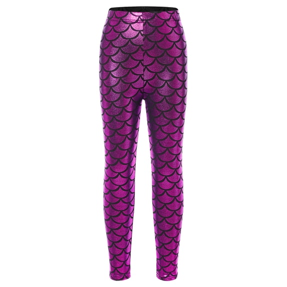 YEAHDOR Kids Little Girls Shiny Metallic Mermaid Leggings Fish Scale Tights Yoga Gymnastic Pants Hot Pink 7-8