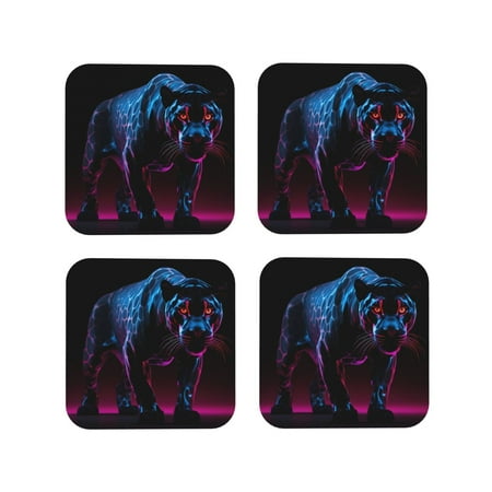 

Fuzoiu Futuristic Purple Panther Print Leather Coasters Set Drink Coasters Set of 4 for Tabletop Protection Durable PVC Coasters Home Décor and Housewarming Gift-Square