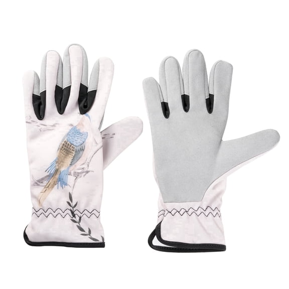 " Effiegu Garden Shop " Brand Woman Garden Glove Women's One Regular Size Gray Floral Floral Birds Light Thorn Prevention Breathable , Water-Resistant Gardening Gloves