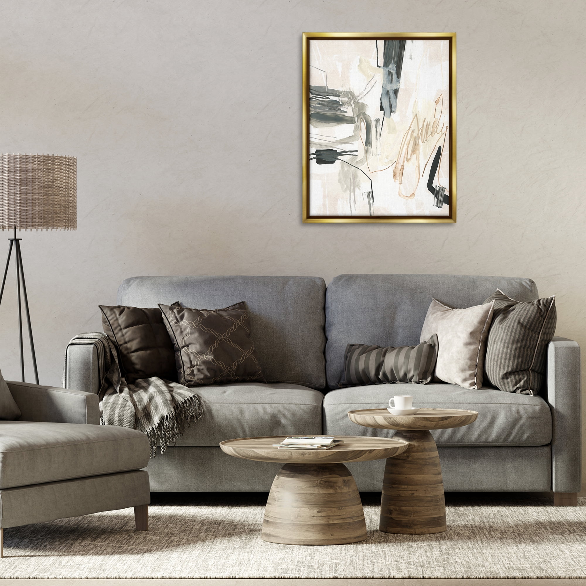 Stupell Industries Expressive Neutral Tones Scribble Abstract Painting Gold Floater Framed Canvas Art Print Wall Art, 25 x 31