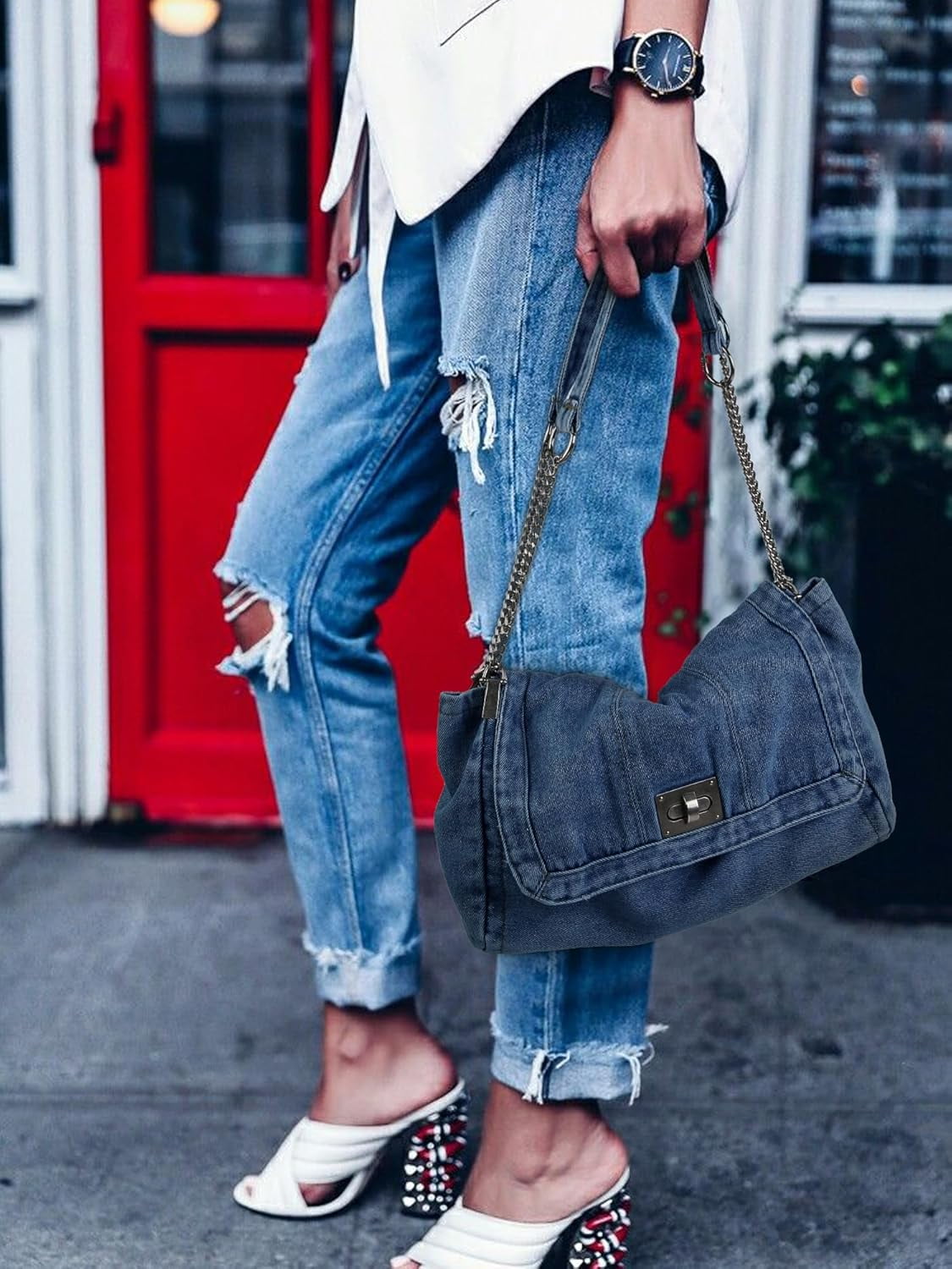 Denim Tote Bag for Women Fashion Adjustable Chain Shoulder Handbag Crossbody Bag Retro Zipper Hobo Purse