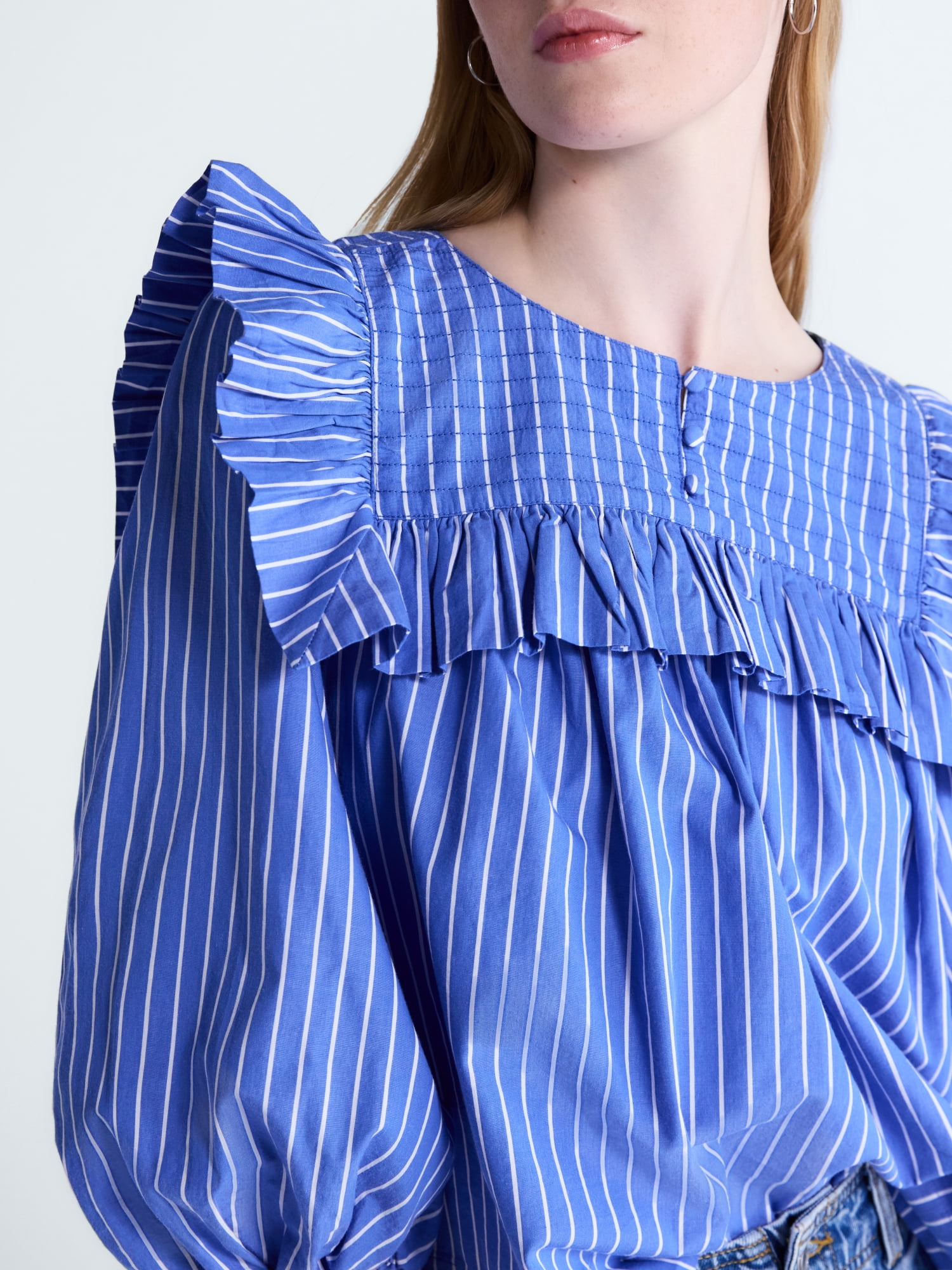 Free Assembly Women's and Women's Plus Ruffle Yoke Cotton Top with Puff Sleeves, Sizes XS-4X