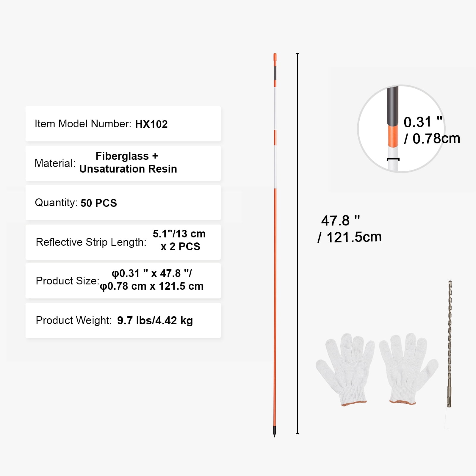 KFFKFF 50 Packs of 48inch Reflective Driveway Markers,  Snow Stakes for Driveway, 0.32" Fiberglass Poles, Orange