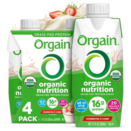 Orgain Organic Nutrition Shake, Grass Fed Protein, Strawberries & Cream 11oz, 4ct