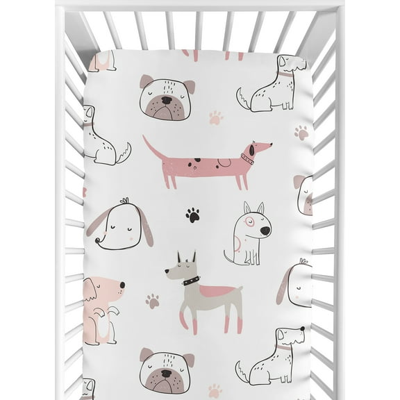 Sweet Jojo Designs Cartoon Puppy Dog White and Pink Girl Fitted Crib Sheet